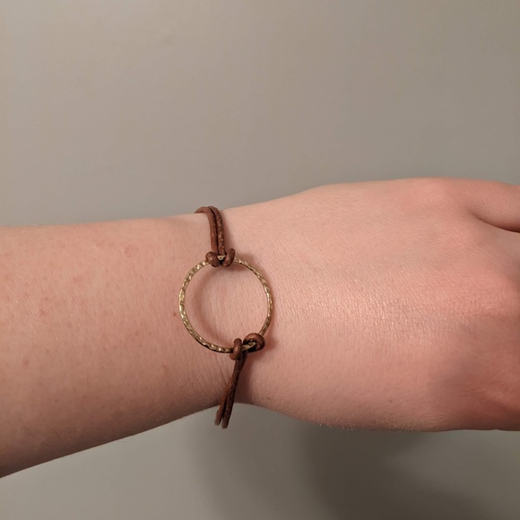 Artisan Hammered Gold Circle and Leather Bracelet - Picture 2 of 4